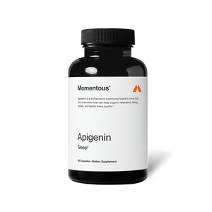 Black bottle of Apigenin dietary supplement with white label featuring minimalist text and an orange logo, designed for wellness and sleep support.