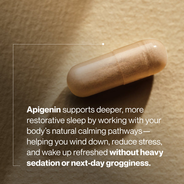 Close-up of a single Apigenin supplement capsule on a beige surface with text describing its benefits for deeper restorative sleep, stress reduction, and waking refreshed without grogginess.