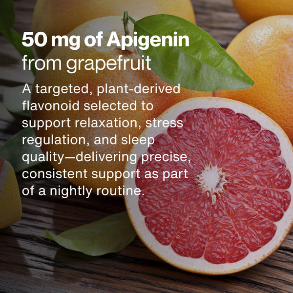 Apigenin description highlighting 50 mg derived from grapefruit, promoting relaxation, stress regulation, and improved sleep quality for nightly wellness support.