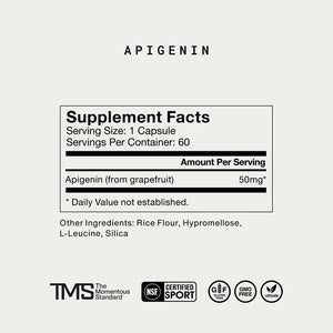 Supplement facts for Nightly Sleep Stack showing 50mg apigenin from grapefruit per capsule, with additional ingredients including rice flour and vegan certification icons.