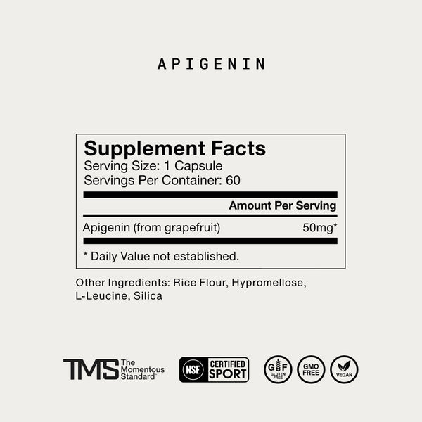 Supplement facts for Nightly Sleep Stack showing 50mg apigenin from grapefruit per capsule, with additional ingredients including rice flour and vegan certification icons.