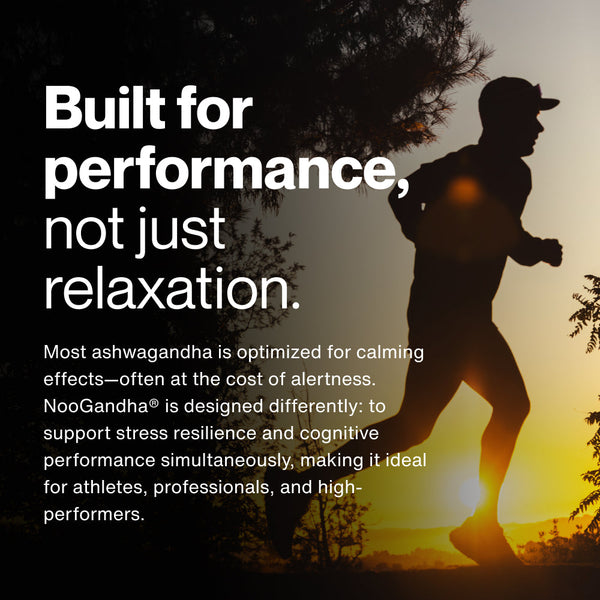 Silhouette of a person running outdoors at sunrise with text describing how Ashwagandha supports stress resilience and cognitive performance for athletes and high performers.