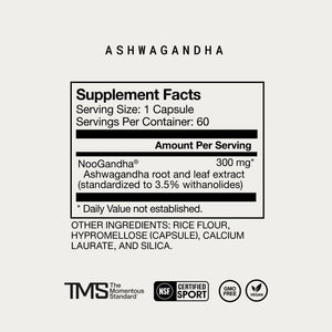 Supplement facts for Ashwagandha showing 300 mg of NooGandha root and leaf extract per capsule, with additional ingredients including rice flour and capsule materials, certified vegan and GMO-free.