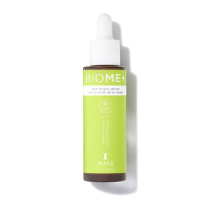 BIOME+ dew bright serum | IMAGE Skincare in a green-labeled bottle with a white dropper cap, designed for skincare and promoting a radiant complexion.