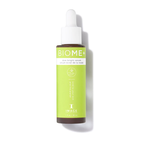 BIOME+ dew bright serum | IMAGE Skincare in a green-labeled bottle with a white dropper cap, designed for skincare and promoting a radiant complexion.