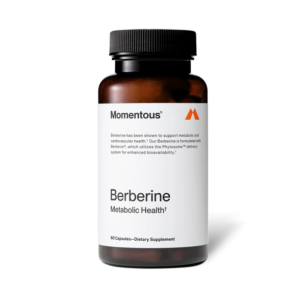 Bottle of Berberine dietary supplement by Momentous, supporting metabolic health with advanced bioavailability, containing 60 capsules for wellness supplementation.