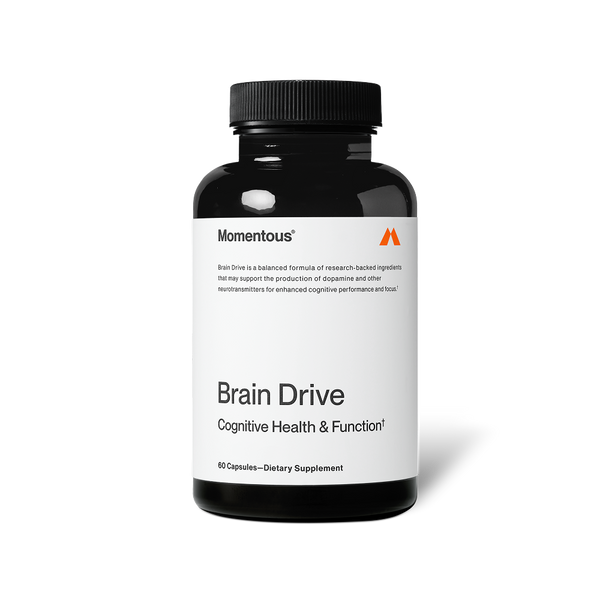 Bottle of Brain Drive dietary supplement by Momentous for cognitive health and function with 60 capsules in black container and minimalist white label design.
