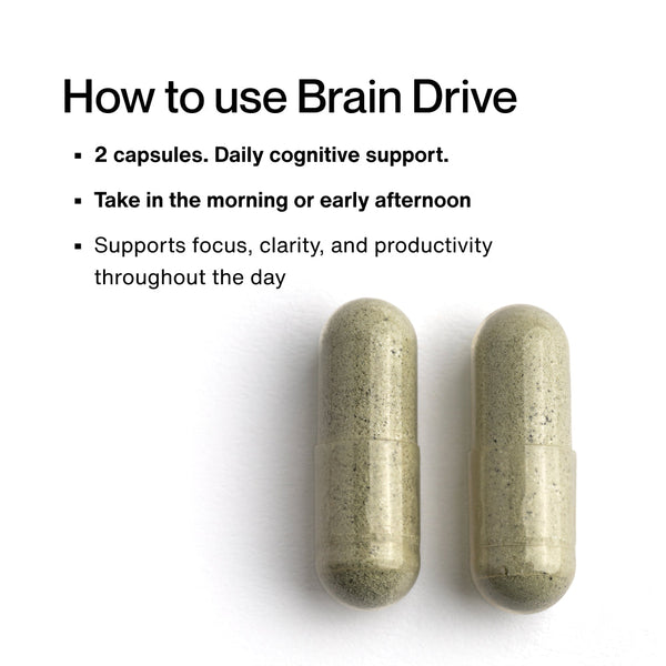 Two beige capsules of Brain Drive supplement shown alongside instructions recommending taking 2 capsules daily in the morning or early afternoon for cognitive support and enhanced focus.