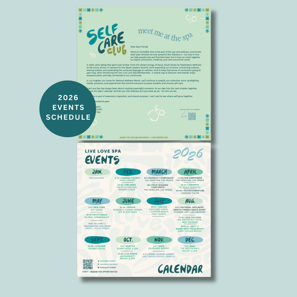 2026 Wellness Wall Calendar | Live Love Spa featuring a self care club introduction and a colorful events schedule for wellness activities across multiple cities throughout the year.