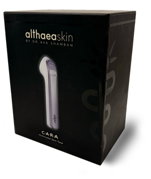Packaging box for C·A·R·A Multi-Modal Tool Kit | Althaea Skin featuring a sleek, modern skincare device displayed on a black background with the brand name althaea skin by Dr. Ava Shamban.
