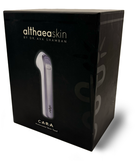 Packaging box for C·A·R·A Multi-Modal Tool Kit | Althaea Skin featuring a sleek, modern skincare device displayed on a black background with the brand name althaea skin by Dr. Ava Shamban.