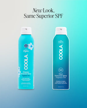 Two spray bottles of Classic Body Organic Sunscreen Spray SPF 50 - 6 fl oz | COOLA with a new design, one featuring floral graphics and the other with a solid blue label, displayed side by side.
