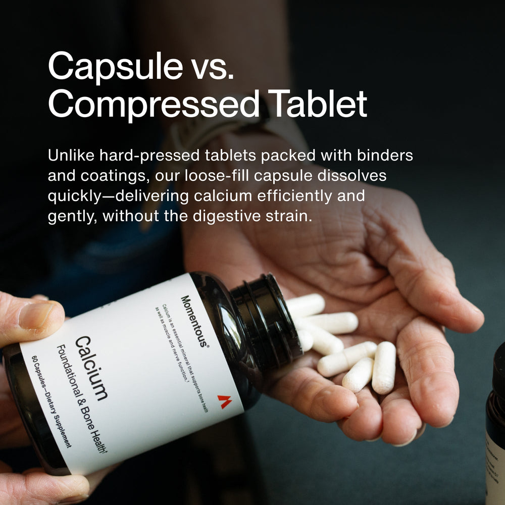 A black bottle of Calcium dietary supplement capsules with a white label highlighting its support for bone, muscle, and nerve health.