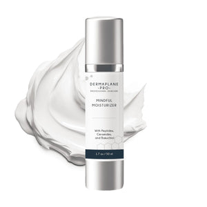 Bottle of Mindful Moisturizer | DermaplanePro with creamy white moisturizer texture in the background, designed for skincare and body care.
