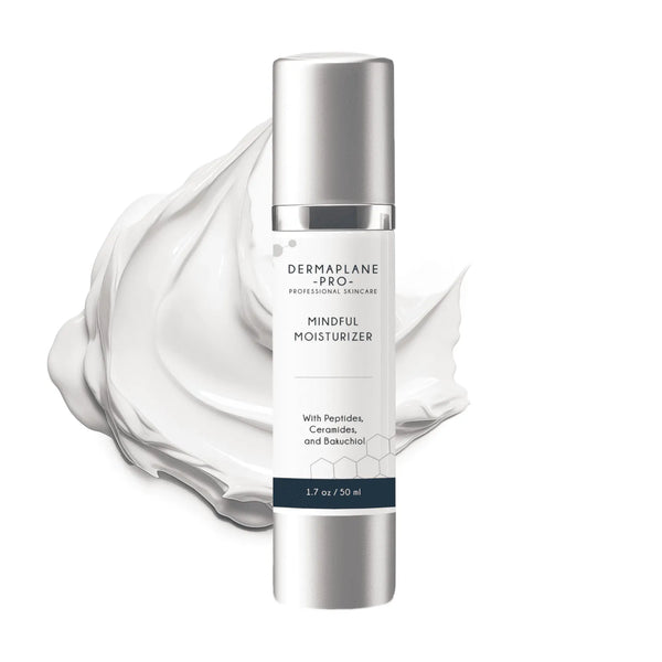 Bottle of Mindful Moisturizer | DermaplanePro with creamy white moisturizer texture in the background, designed for skincare and body care.
