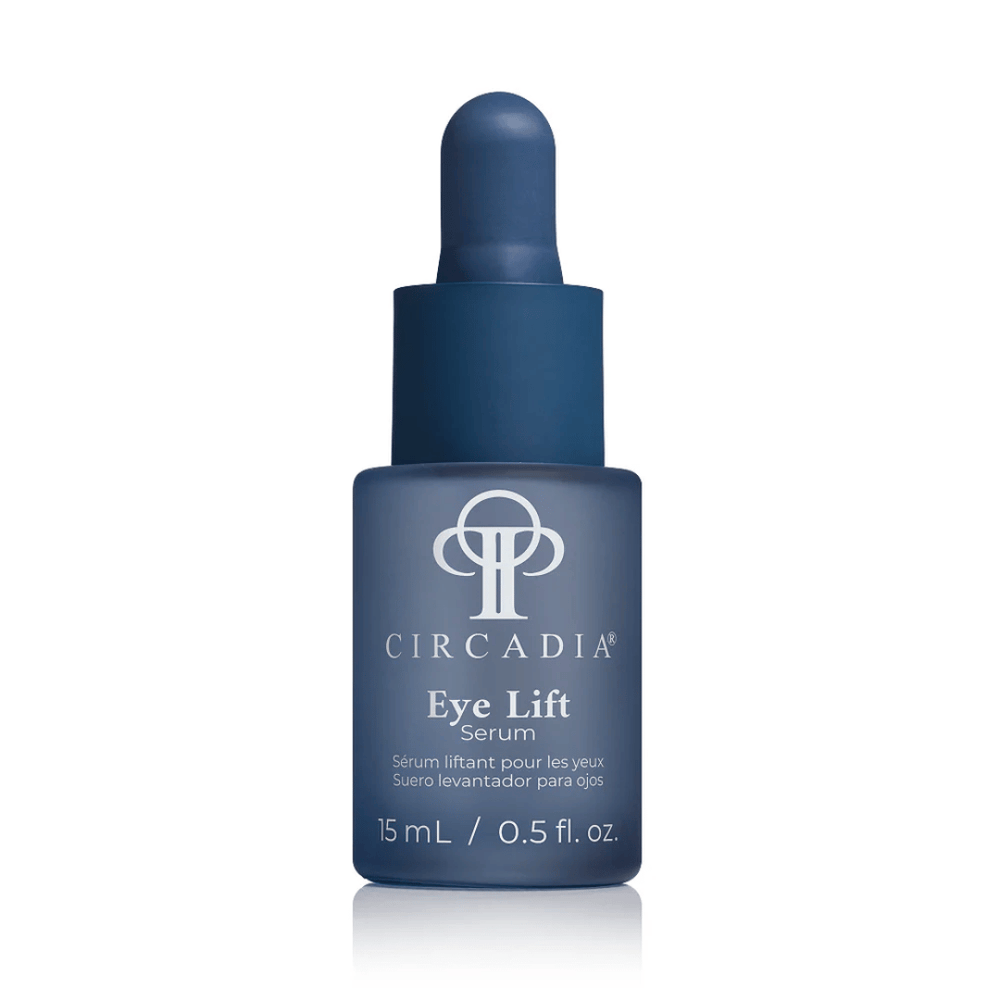 Bottle of Eye Lift Serum (formerly Emergency Eye Lift) | Circadia in dark blue packaging with dropper, designed for skincare and eye area rejuvenation.