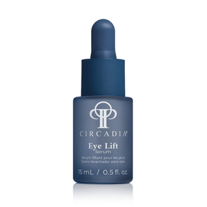 Bottle of Eye Lift Serum (formerly Emergency Eye Lift) | Circadia in dark blue packaging with dropper, designed for skincare and eye area rejuvenation.