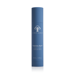 Blue cylindrical bottle of Nighttime Repair Retinol Cream | Circadia designed for skincare and nighttime skin renewal.
