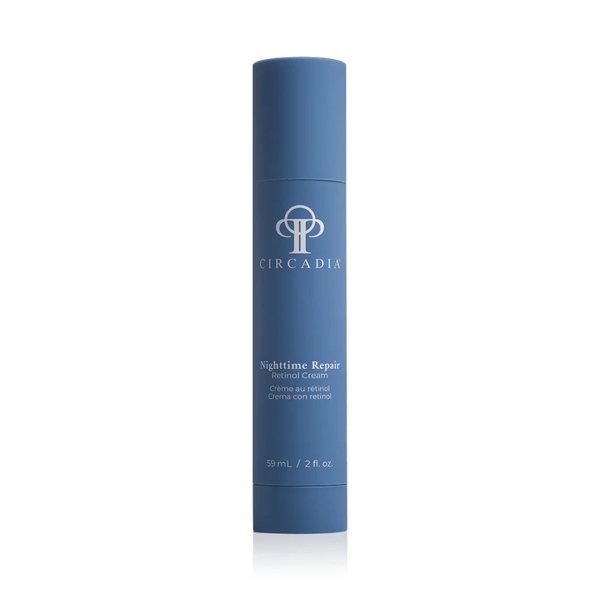 Blue cylindrical bottle of Nighttime Repair Retinol Cream | Circadia designed for skincare and nighttime skin renewal.