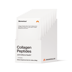 Display of Collagen Peptides 10-Travel Packs in a white carton box designed for joint and bone health as a wellness supplement.