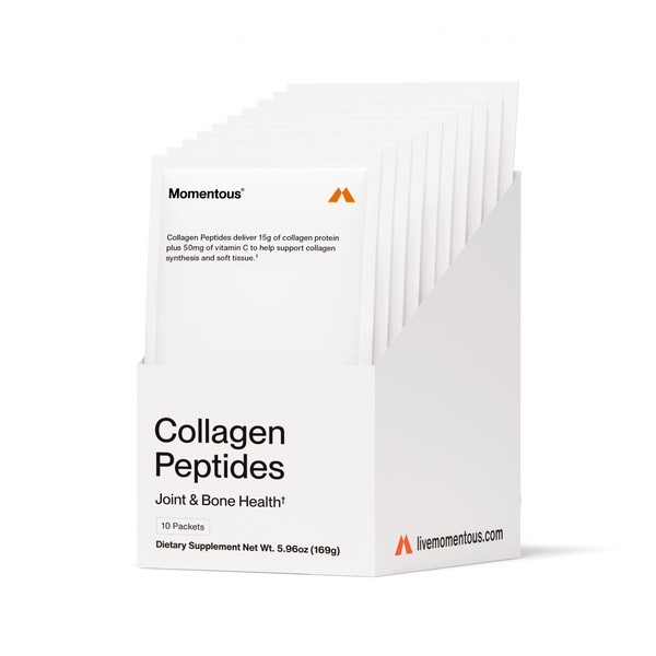 Display of Collagen Peptides 10-Travel Packs in a white carton box designed for joint and bone health as a wellness supplement.