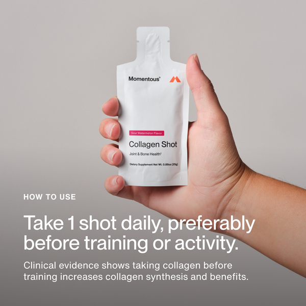 Hand holding a Collagen Shot pouch with instructions on taking one daily shot before training or activity for increased collagen synthesis, promoting joint and bone health, featuring Collagen Shot 15-Packs.