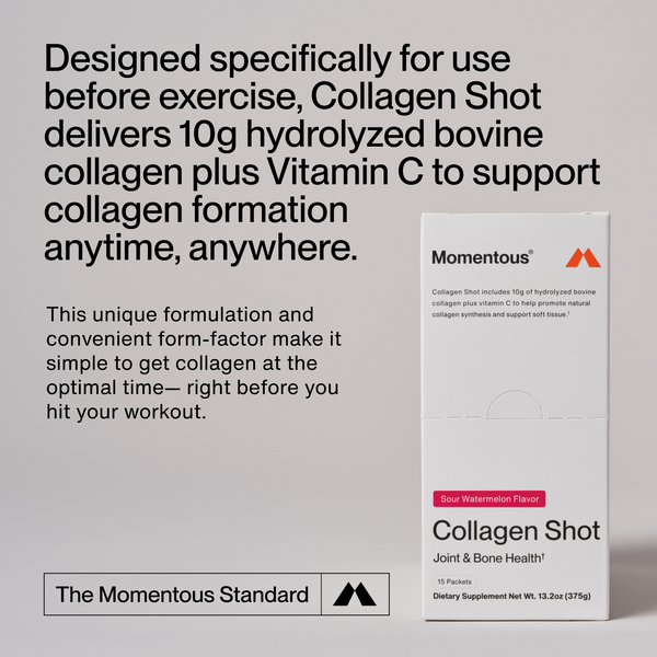 Collagen Shot 15-Packs packaging highlighting a wellness supplement with 10g hydrolyzed bovine collagen and Vitamin C, designed for use before exercise to support collagen formation and joint health.