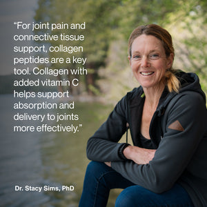 Woman sitting outdoors near a river, smiling and wearing a dark jacket, with text about collagen peptides and joint support, promoting Collagen Peptides 10-Travel Packs.