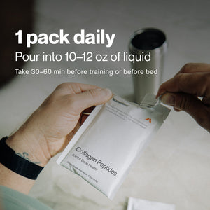 Person opening a pouch of Collagen Peptides 10-Travel Packs with instructions to mix one pack daily into 10-12 oz of liquid, taken 30-60 minutes before training or bedtime for wellness supplement use.