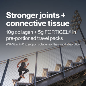 Active person climbing outdoor stairs with text promoting Collagen Peptides 10-Travel Packs for stronger joints and connective tissue, highlighting collagen, FORTIGEL, and Vitamin C benefits.
