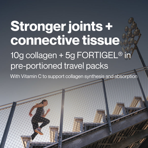 Active person climbing outdoor stairs with text promoting Collagen Peptides 10-Travel Packs for stronger joints and connective tissue, highlighting collagen, FORTIGEL, and Vitamin C benefits.