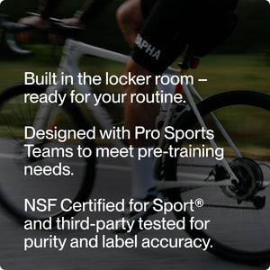 Close-up of a cyclist riding a white bike, showing muscular legs in black cycling shorts with a blurred green background, promoting Collagen Shot 15-Packs for sports recovery and skincare.