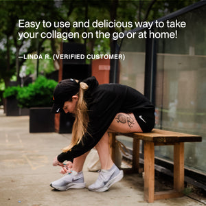 Woman sitting on a wooden bench outdoors tying her shoe, with overlay text featuring a customer testimonial about the ease and taste of using Collagen Shot 15-Packs for skincare and wellness on the go or at home.
