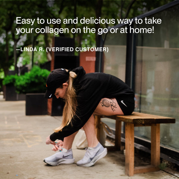Woman sitting on a wooden bench outdoors tying her shoe, with overlay text featuring a customer testimonial about the ease and taste of using Collagen Shot 15-Packs for skincare and wellness on the go or at home.