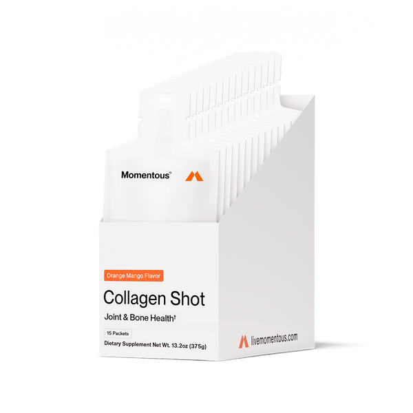 Collagen Shot 15-Packs in a white display box featuring orange mango flavor, supporting joint and bone health as a dietary wellness supplement.