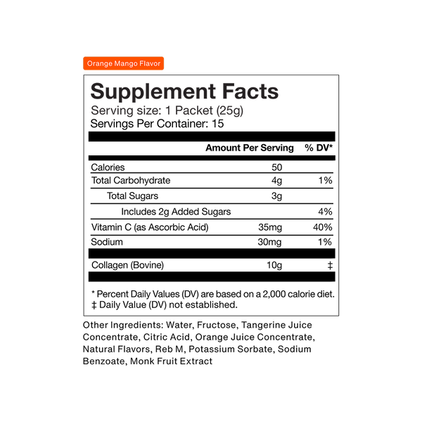 Supplement facts label of Collagen Shot 15-Packs featuring Orange Mango Flavor with detailed ingredient information for skincare and wellness supplements.