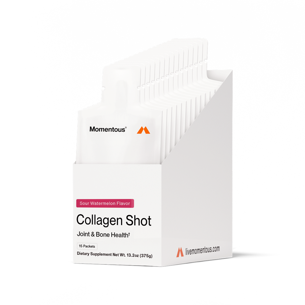 Box of Collagen Shot 15-Packs dietary supplements in sour watermelon flavor, designed for joint and bone health, displayed with individual packets in a white container.