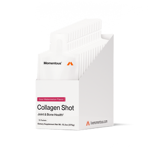Box of Collagen Shot 15-Packs dietary supplements in sour watermelon flavor, designed for joint and bone health, displayed with individual packets in a white container.