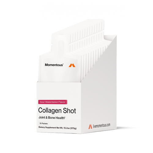 Box of Collagen Shot 15-Packs dietary supplements in sour watermelon flavor, designed for joint and bone health, displayed with individual packets in a white container.