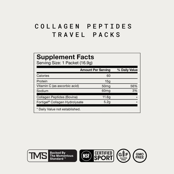 Supplement facts label for Collagen Peptides 10-Travel Packs showing 60 calories, 15g protein, 50mg vitamin C, 60mg sodium, and collagen peptides content with certifications for gluten-free, GMO-free, and certified sport compliance.