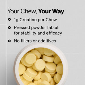 Close-up of a container filled with yellow pressed powder tablets labeled as Creatine Chews 150-Count, highlighting 1g creatine per chew, stability, efficacy, and no fillers or additives.