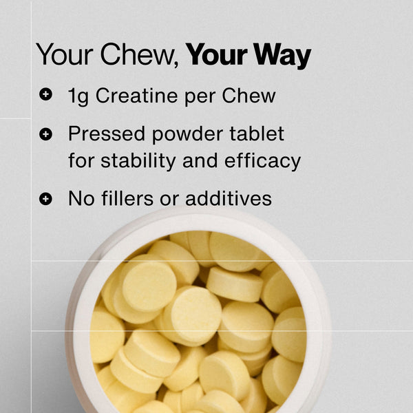 Close-up of a container filled with yellow pressed powder tablets labeled as Creatine Chews 150-Count, highlighting 1g creatine per chew, stability, efficacy, and no fillers or additives.