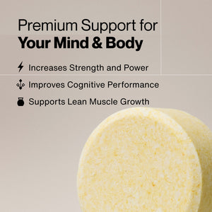 Close-up of a single chewable supplement tablet with text highlighting benefits of Creatine Chews 150-Count, including increased strength, improved cognitive performance, and support for lean muscle growth.