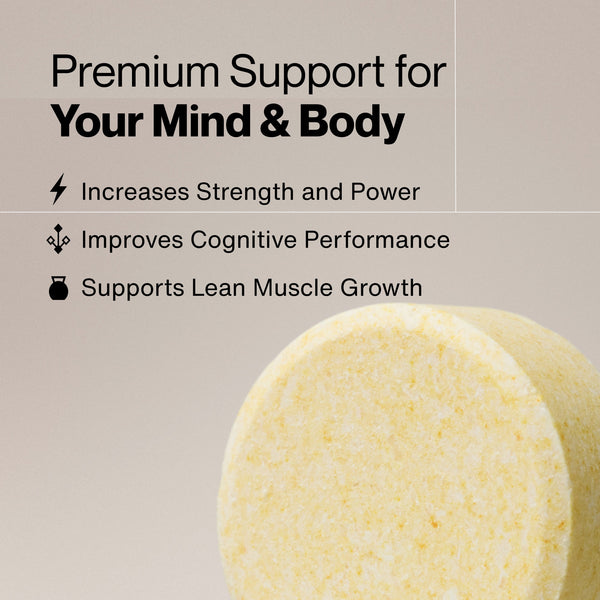 Close-up of a single chewable supplement tablet with text highlighting benefits of Creatine Chews 150-Count, including increased strength, improved cognitive performance, and support for lean muscle growth.