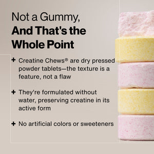 Stacked dry pressed powder tablets in pink and yellow beside text highlighting Creatine Chews 150-Count as non-gummy, water-free, and free of artificial colors or sweeteners for active creatine preservation