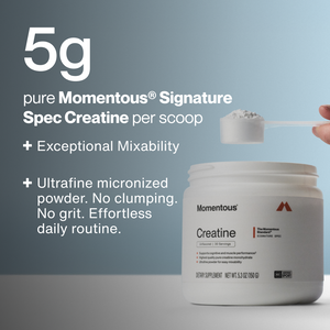 A hand holding a scoop of pure Momentous Signature Spec Creatine powder above an open container, highlighting The Momentous Three - Vegan supplement with exceptional mixability and ultrafine micronized powder.