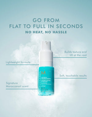 Bottle of Texture and Volume Powder | Moroccanoil with powder effect around it, highlighting its lightweight formula, signature scent, root lift, and soft touchable results for adding texture and volume quickly without heat.