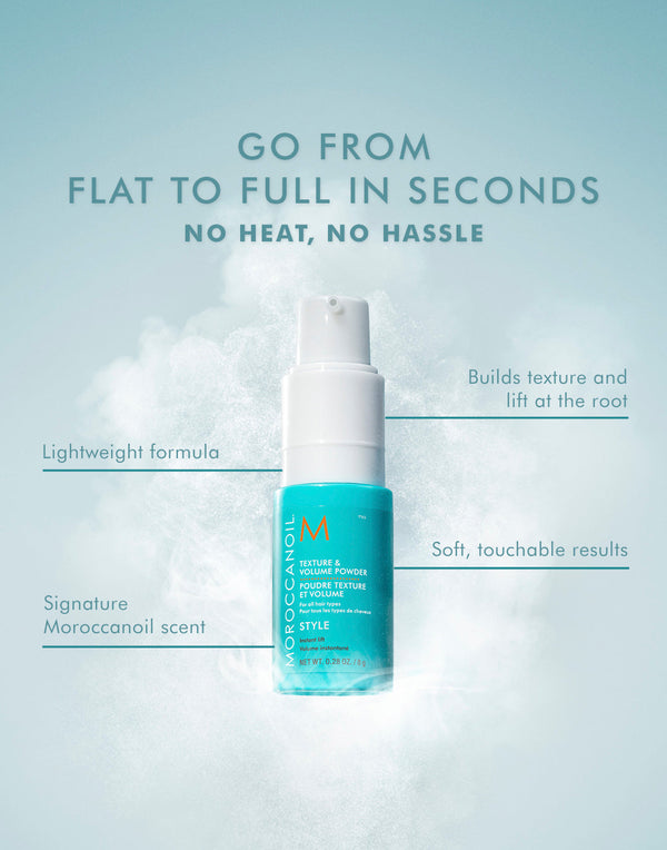 Bottle of Texture and Volume Powder | Moroccanoil with powder effect around it, highlighting its lightweight formula, signature scent, root lift, and soft touchable results for adding texture and volume quickly without heat.