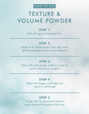 Instructions for how to use Texture and Volume Powder | Moroccanoil, detailing five steps for application to achieve desired hair volume and texture.