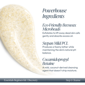 Close-up of a skincare gel with eco-friendly beeswax microbeads, Stepan Mild PCL, and cocamidopropyl betaine ingredients, highlighting exfoliating and cleansing benefits in the Discovery Essentials Kit | Circadia.